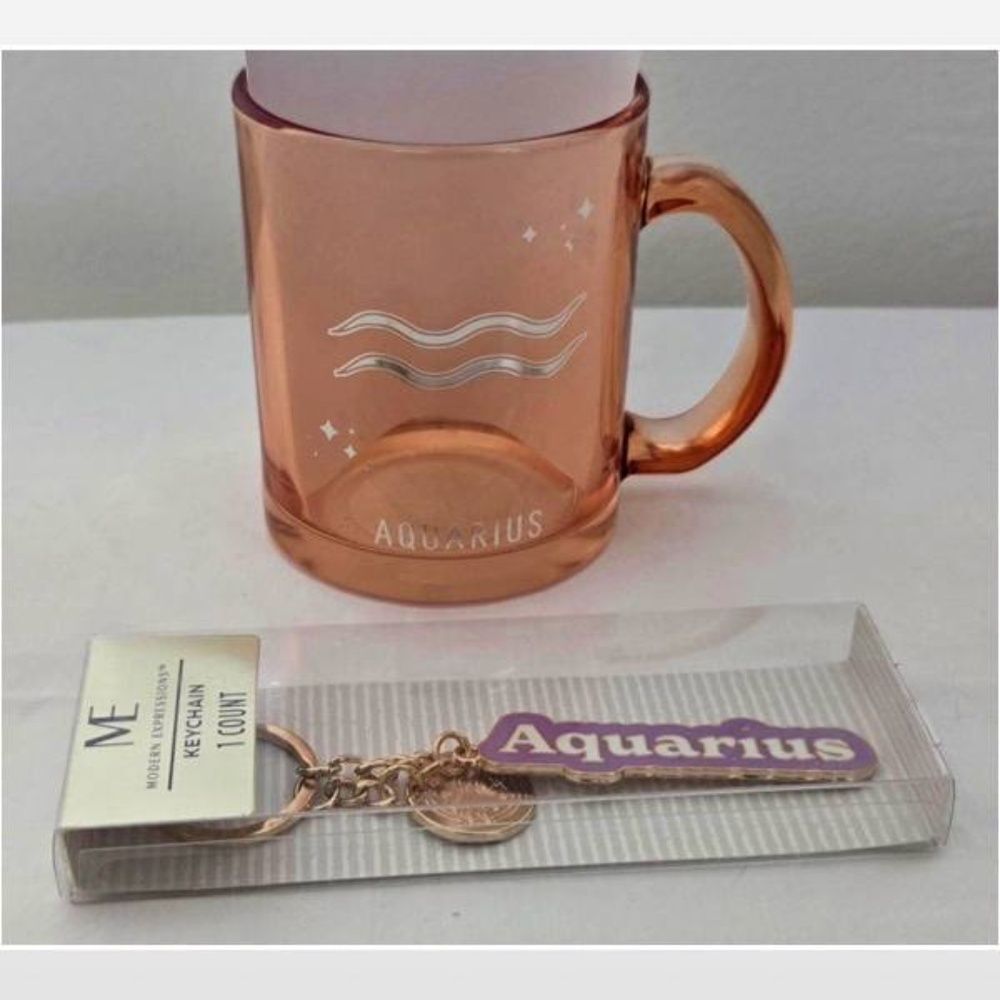 New Coffee Mug Orange & Keychain Purple Set Aquarius Zodiac Astrology NWT